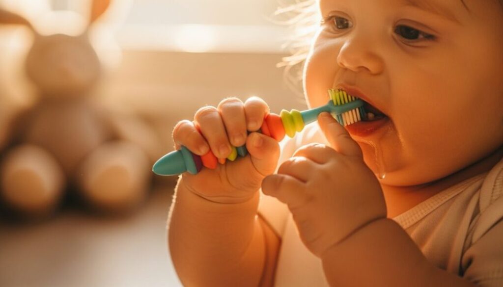 verspieltes Zähneputzen Babys erkunden lassen
