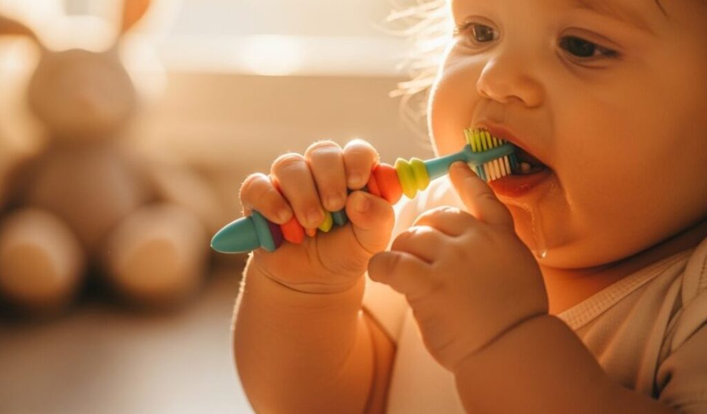verspieltes Zähneputzen Babys erkunden lassen