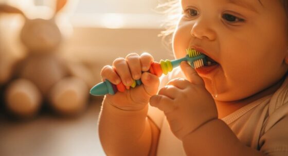 verspieltes Zähneputzen Babys erkunden lassen